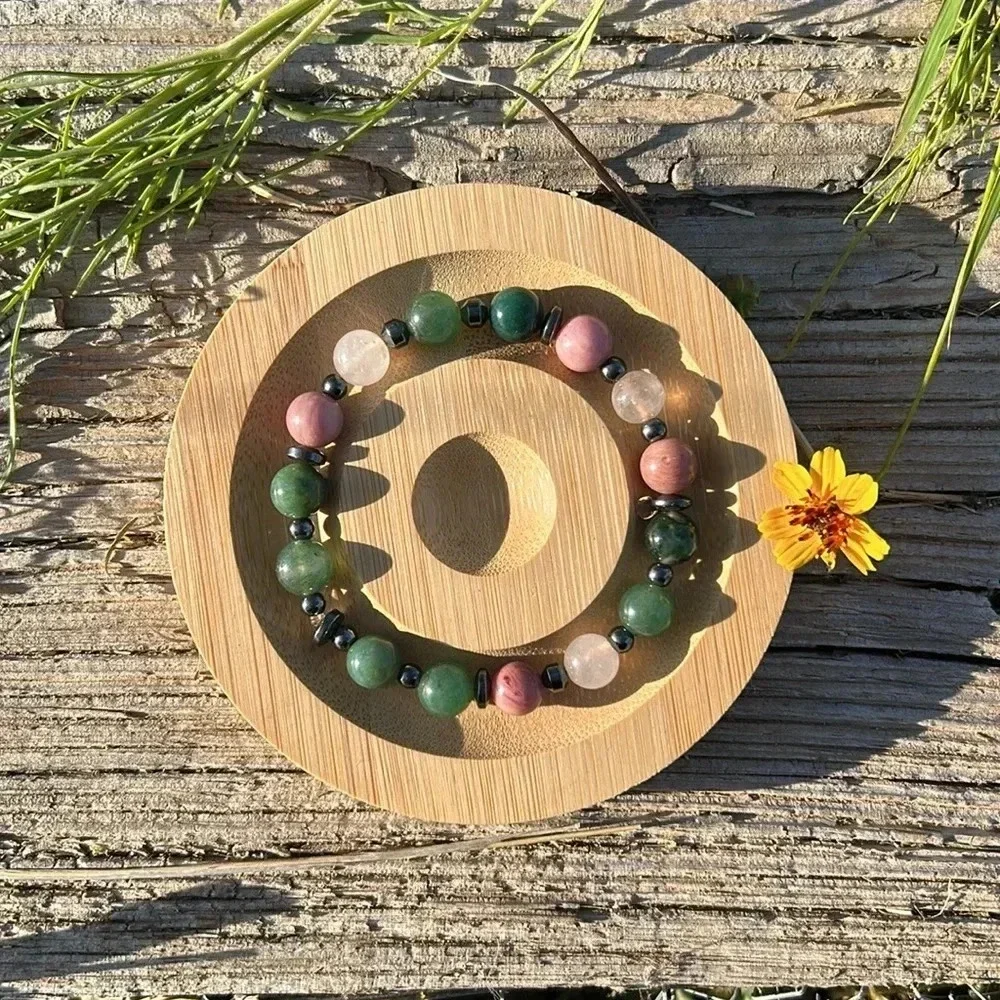 Handmade Moss Agate + Rose Quartz + Rhodonite + Hematite Bracelet